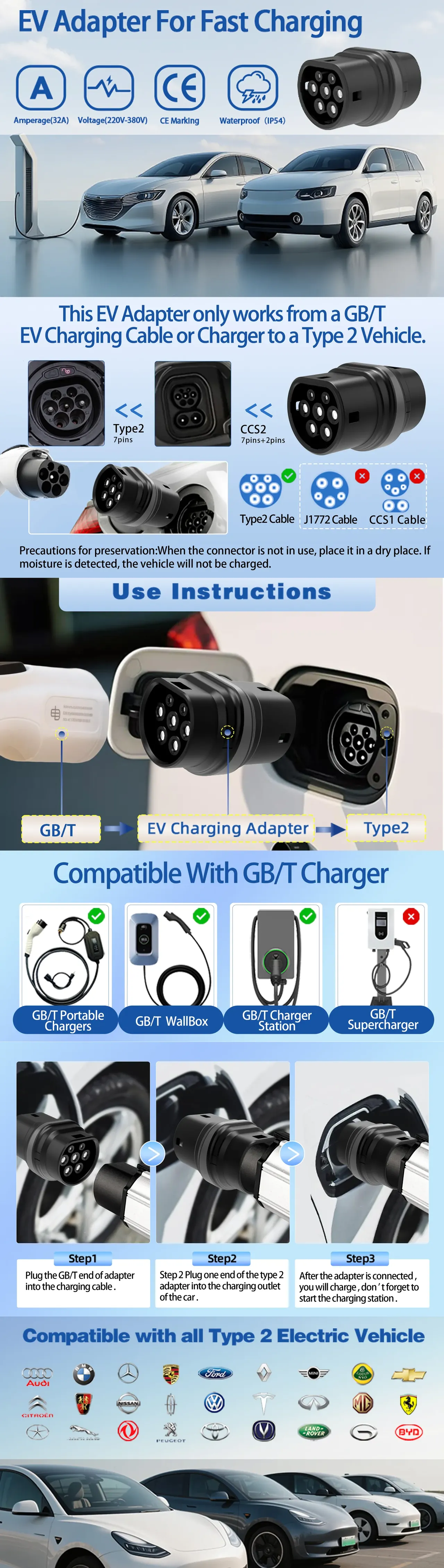 GB/T to Type 2 EV adapter product detail sheet