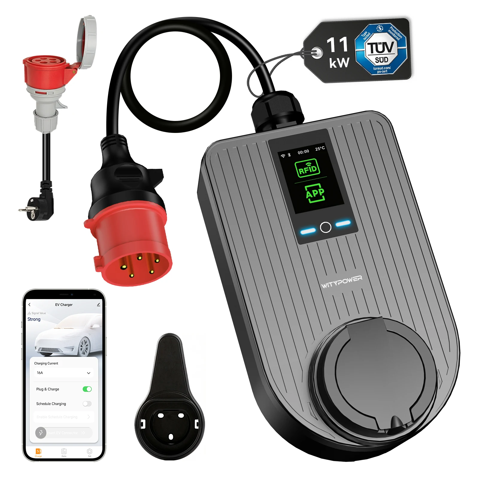 Q Series 11kW CEE-input Type 2 charger with industrial CEE plug, RFID and app control