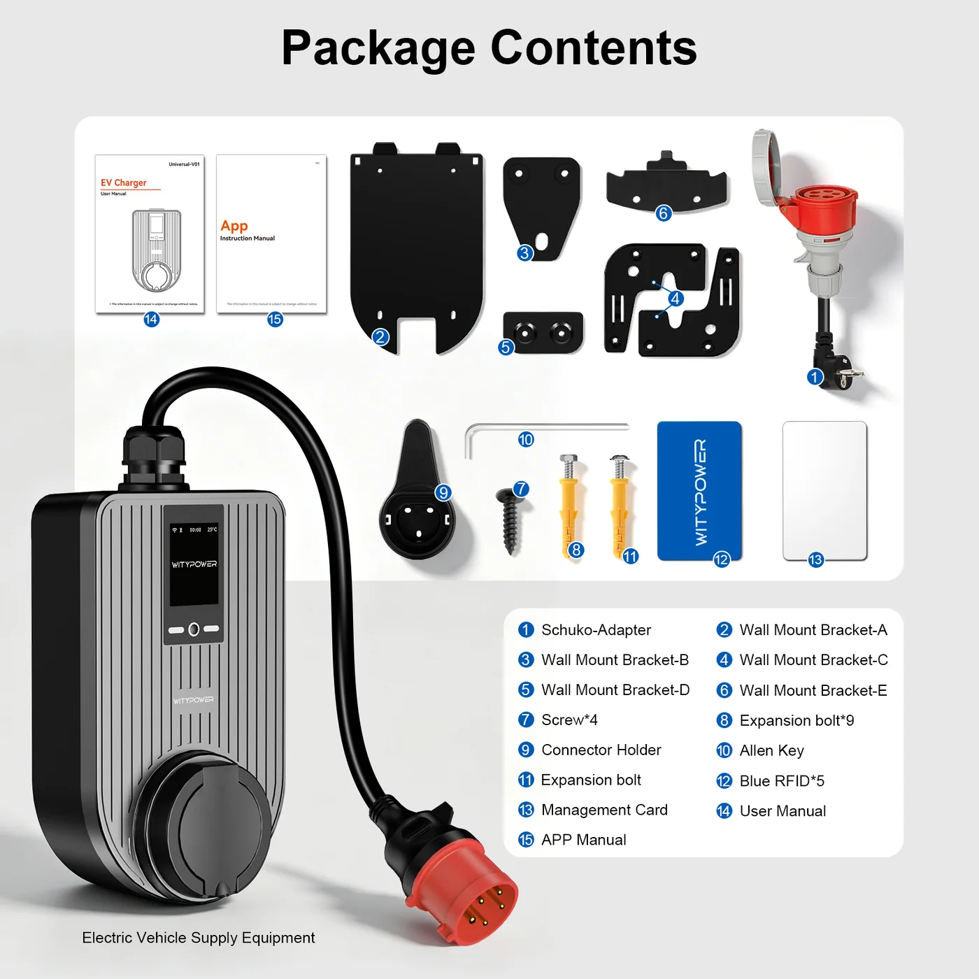 Q Series 11kW CEE charger package contents and mounting accessories